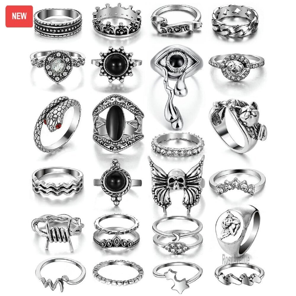 26-Piece Silver Knuckle Rings Set Adjustable Stackable Gothic Punk Jewelry